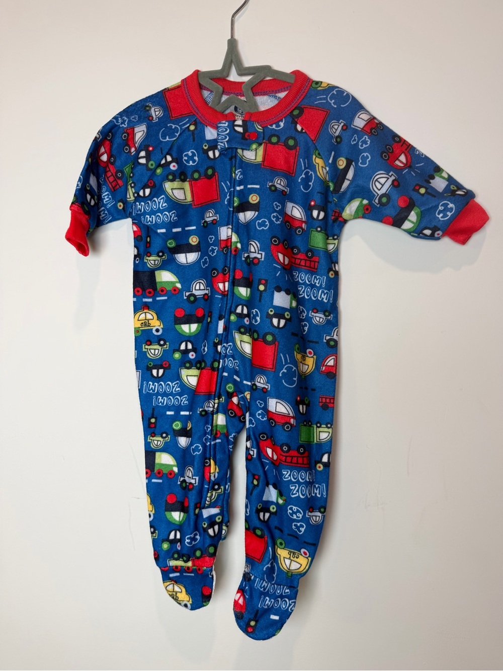 Gerber Fleece Blue Vehicle Print Footed One-Piece with Red Trim 6M Baby